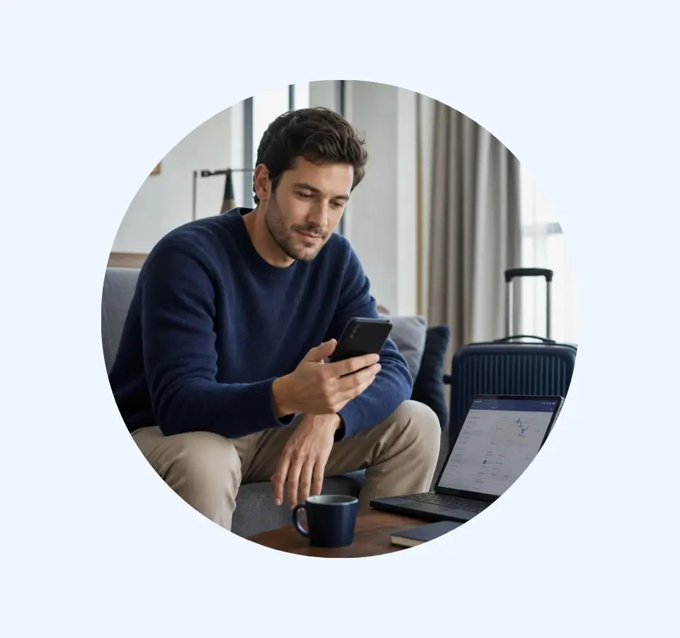 Traveler reviewing flight details on a phone beside a laptop and suitcase